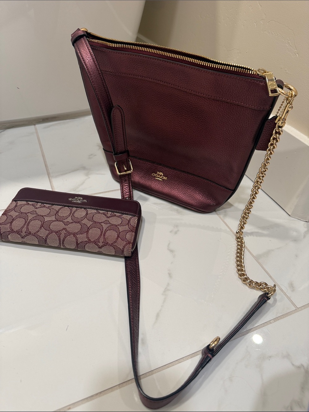 Coach Plum Leather Crossbody with Signature Wallet and Gold Chain - Picture 1 of 7